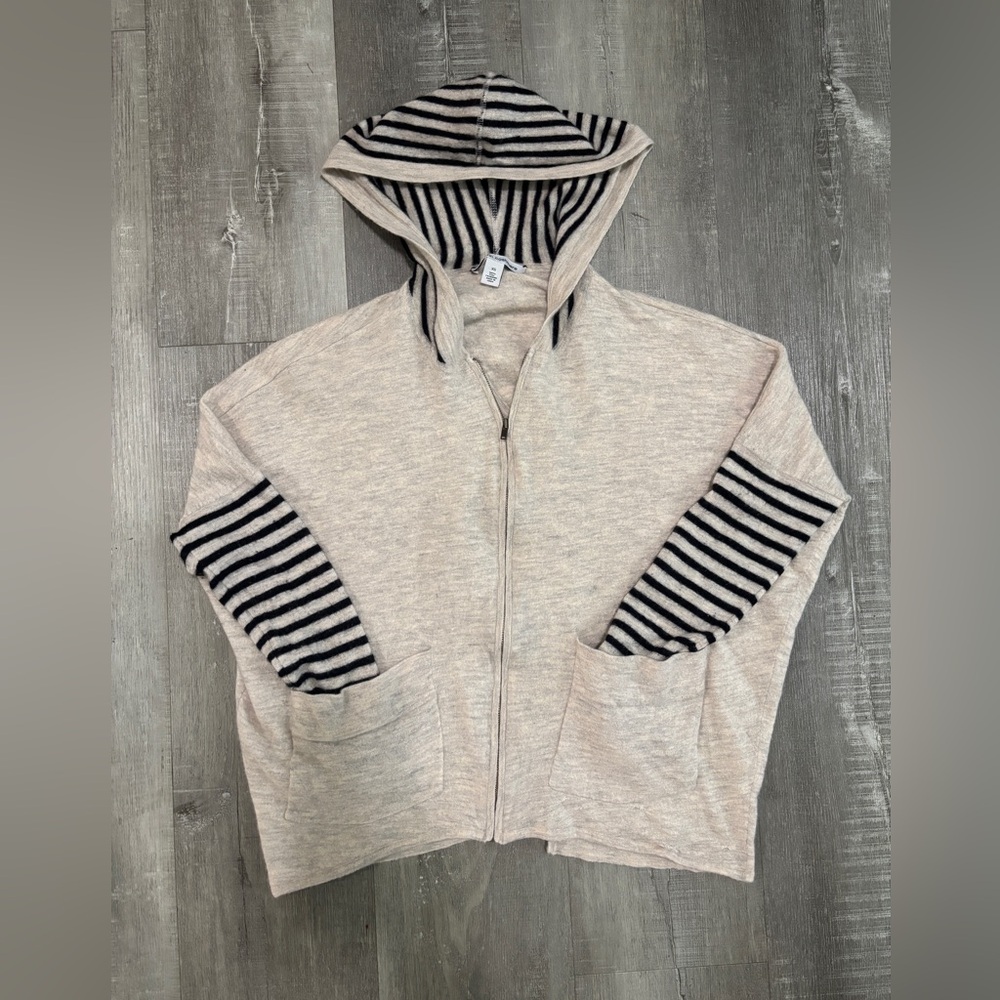 Autumn Cashmere Striped Hooded Zip Sweater in Cream & Black